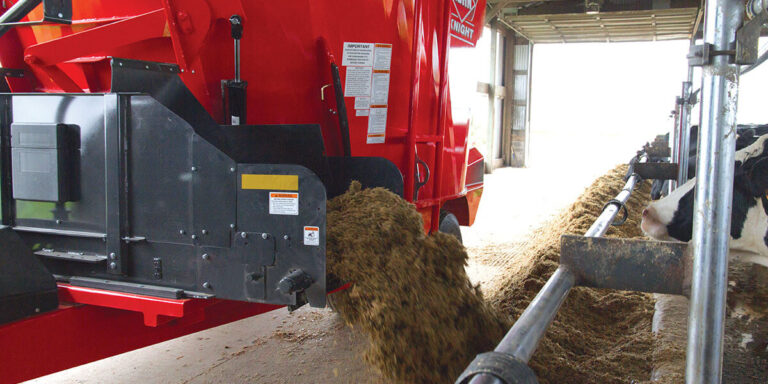 Mixing wagon feeding dairy cows at feed bunk